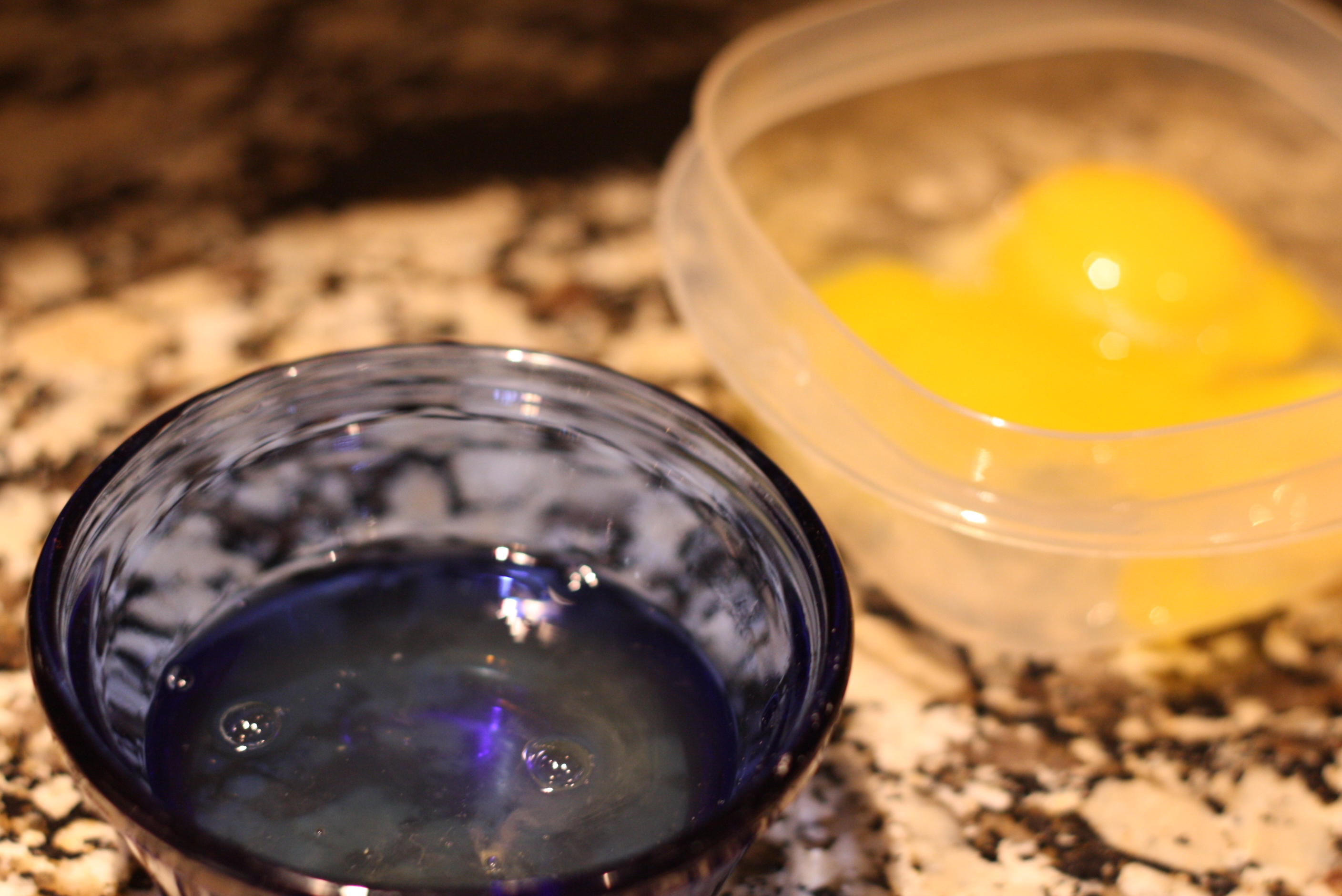 Next, separate the two egg whites from the yolks.  You can use the whole egg if you want, but you might only use one egg.  You can keep the yolks to use for another dish (may I suggest making pudding or custard?), just refrigerate them in a  closed-tight container.