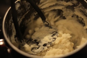 Mash the potatoes using a potato masher, until potatoes are smooth.  If you like them a little chunky, leave them a little chunky.  Add a few pinches of salt and the garlic powder.  Stir to combine.  Serve them up! 