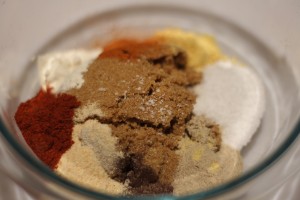 Combine all ingredients in a bowl.  Makes about 1 cup of rub.  Store leftovers in an air-tight container.