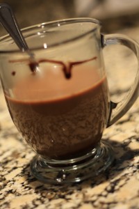 Pour in the 4 oz of brewed espresso into coffee mug.  Stir to combine the Bailey’s and chocolate syrup.
