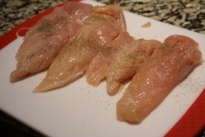 Season each side of chicken breasts with 1/8 tsp salt, 1/8 tsp ground pepper (1/8 tsp of each on each side).