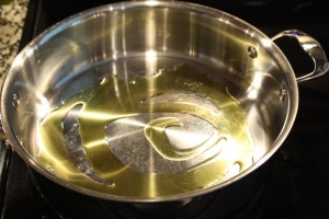 Heat about 2-4 tablespoons of olive oil on medium-high in a skillet. 