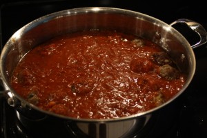 You’ll use ½ of the sauce for the meatballs.  The other ½, allow to cool and spoon into a freezer safe container and freeze to use later.  You can thaw in the refrigerator before using.  