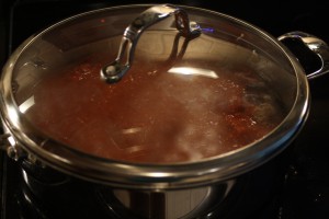 Cover with a lid, and drop the heat down to low-medium to simmer.  Cook for about 15 minutes.