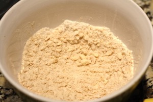 The mixture should look like coarse crumbs (almost like a dry biscuit dough).