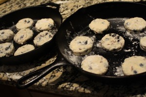 Here are the biscuits in the cast-iron skillets.  I left about 1 inch in between each biscuit.