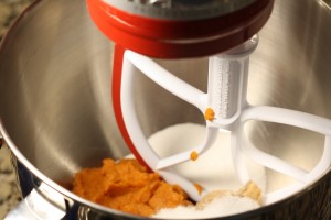 In a mixing bowl, combine the pumpkin puree, granulated sugar, and brown sugar.  I used my stand mixer…mix on low-medium until the sugars are dissolved.  (You can use a hand-mixer, or just mix with a whisk if you don‘t have a stand mixer.)