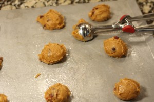 Spray a non-stick baking sheet with cooking spray (if you’re going the non-dairy route, make sure the cooking spray doesn’t contain butter or other dairy ingredients).  Preheat oven to 375 degrees Fahrenheit*. Scoop out cookies onto baking sheet.  I used a cookie scoop, which is about 1 to 1 and ½ tablespoons in size.  Leave about 1-2 inches in-between each cookie.  They don’t really spread much.  You’ll probably have to do this in batches until all the cookie dough is used and baked.