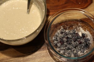 In a small bowl, toss the blueberries with the 1 tsp extra flour…this will help keep the blueberries from falling to the bottom of the mixing bowl.