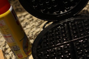 I spray my waffle iron with non-stick cooking spray…like I’ve done here.  This helps to keep the waffles from sticking…follow your manufacturer’s instructions…