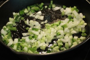 Add in the bell pepper, celery, and onion.  Cook for about 2-3 minutes (until the veggies are soft and translucent).