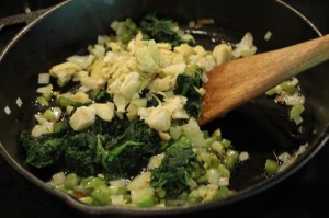 Add in the spinach and artichokes.  Stir to combine.  Cook for about 1 minute.