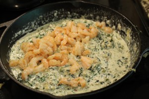 Stir in the heavy cream.  Bring the cream to a low simmer, and cook for about 3 minutes.  The cream should get a little thick.  Next, stir in the shrimp.  Cook another 1-2 minutes (long enough to bring the shrimp up to temperature).