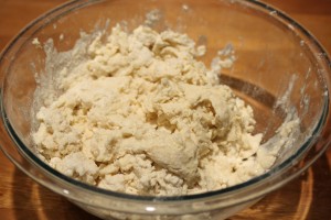 Stir until the dough comes together.  When it reaches this point, I put my spoon away and finish mixing with my hands.  I dust my hands slightly with a little extra flour.