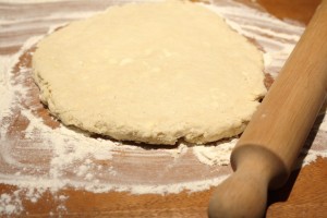 Turn dough out onto a lightly floured board.  Roll out to about ½ inch to 1 inch thickness.