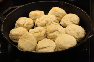 Use your oven mitts when taking the pan out of the oven; the pan and biscuits will be extremely hot. Allow the biscuits to cool a few moments before serving.