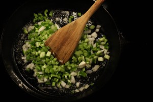 Add the onion, celery, and bell pepper to the skillet.  Cook for 5 minutes. 