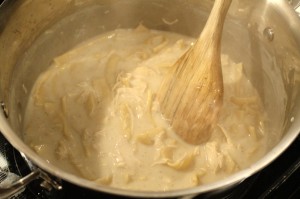 Stir in the noodles, a little at a time.  Be sure to keep stirring as you add them so they don’t clump together.  Cook for about 5 minutes.  The noodles will cause this to thicken up more.