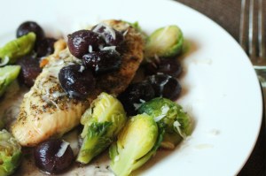 Serve a spoonful of grapes and juices over a chicken breast.  Serve with steamed Brussels sprouts. 