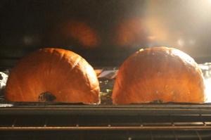 Roast the pumpkin on 325 degrees Fahrenheit for about 45 minutes.  The time will vary some (less or more) depending on the size of your pumpkin.