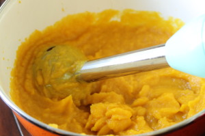 For this part, I used an emersion blender, but you can use a food processor or blender.  Puree the pumpkin until smooth. I got about 2 cups of purred pumpkin out of this.  