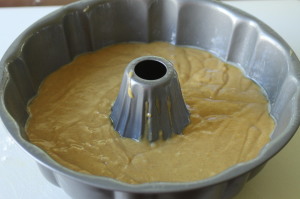 Spray a bundt cake pan with baking spray.  Pour in the batter.