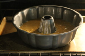 Place the bundt cake pan on a baking sheet.  Bake the bread on 350 degree Fahrenheit for 40 minutes or until cake is no longer gooey inside.  The cake will be a nice golden brown.