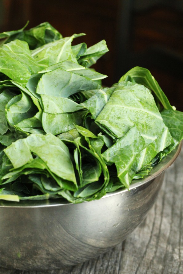 Bowl of cut collard leaves