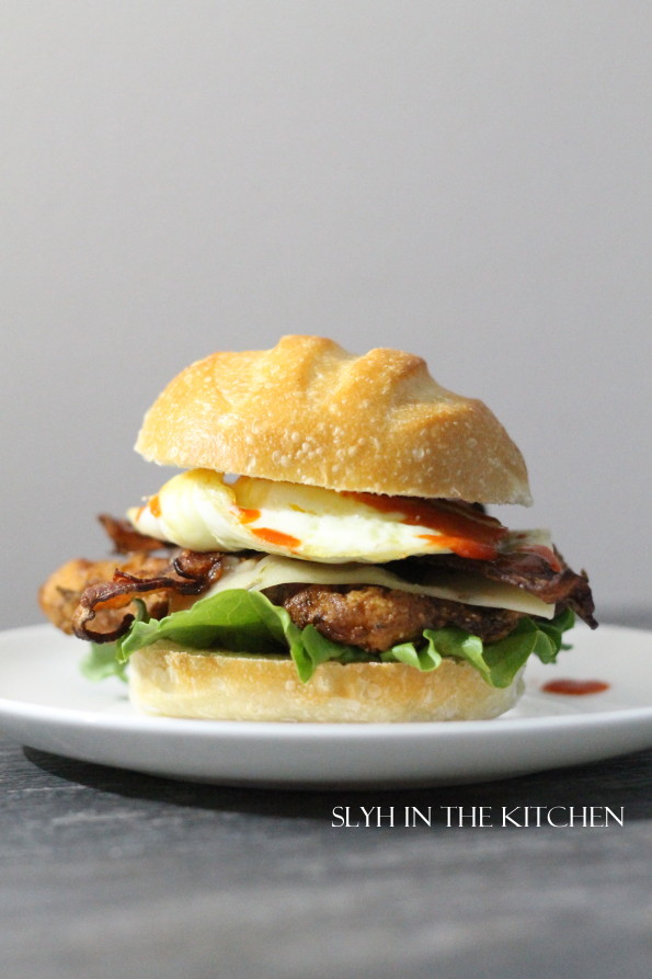 Chicken bacon and egg sirracha sandwich