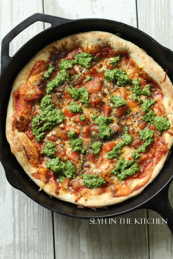 Cast Iron Margherita Pizza with Pesto Drizzle