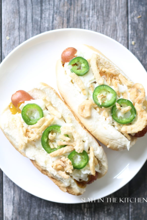 Jalapenos and Fried Onions on Hot Dog