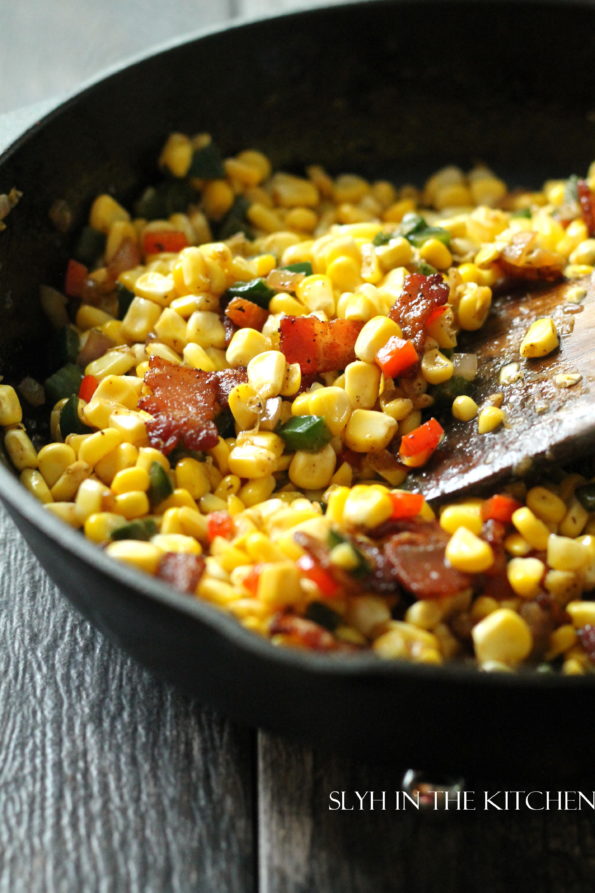 Add bacon to corn and peppers